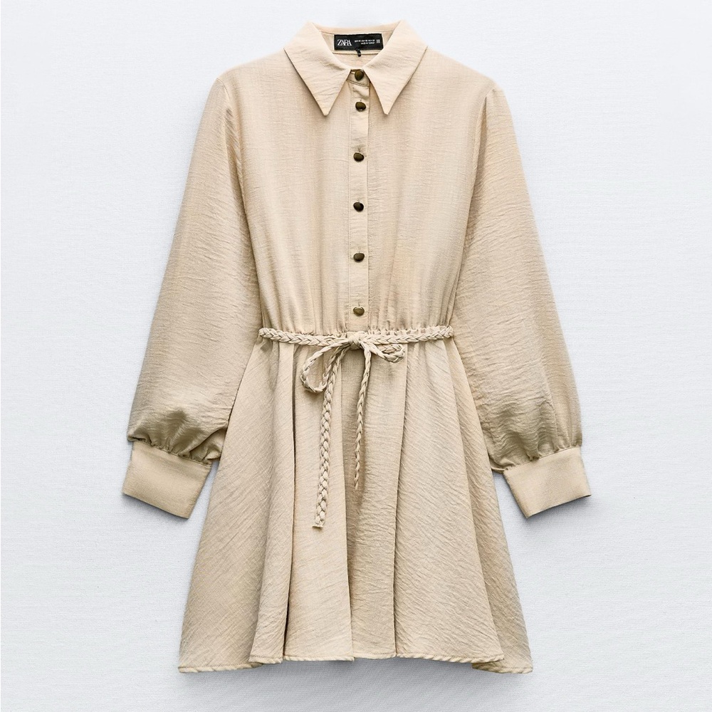 Zara Woven Belt Shirtdress in Beige Size Small